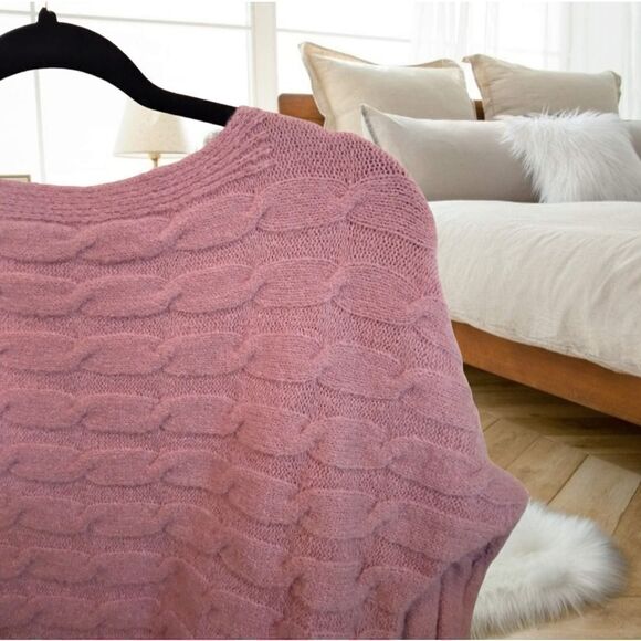 MILITARY HIPPIE DUSTY BLUSH PINK LILAC LAVENDER OFF SHOULDER CHUNKY KNIT SWEATER - Picture 12 of 16